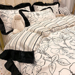100% Cotton High Quality Black White Flower Modern Four-Piece Set Bedding Sheet Quilt Cover Pillow Cover IG Fashion