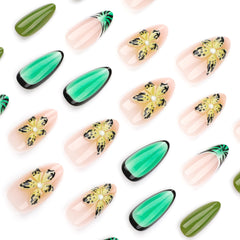 YICKYUE - Comics Style Stripe French Fake Y2k Nails Long Almond Press On Nails 3D Flowers Decor False Nails With Green Gradient Designs