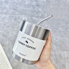 400ml Double Wall Stainless Steel Coffee Mug With Lid Straws Leak-Proof Vacuum Flask Thermal Beer Tea Cup Water Bottle Drinkware