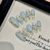 YICKYUE - 10pcs Handmade Press on Nails Mint Green Almond Gold Edge Fake Nails With Sequin Shiny False Nail Tips Wearable Nail
