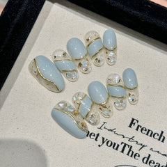 YICKYUE - 10pcs Handmade Press on Nails Mint Green Almond Gold Edge Fake Nails With Sequin Shiny False Nail Tips Wearable Nail