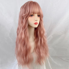 YICKYUE - Synthetic Long Wavy Curly Pink Wig with Bangs Lolita Cosplay Women Fluffy Hair Heat Resistant Wig for Daily Party