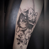 Waterproof Temporary Tattoo Sticker Japanese Black And White Ukiyo-e Half-arm Mask Flowers Body Art Fake Tattoo Flash Tattoo