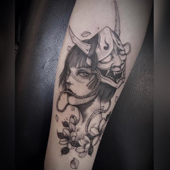 Waterproof Temporary Tattoo Sticker Japanese Black And White Ukiyo-e Half-arm Mask Flowers Body Art Fake Tattoo Flash Tattoo