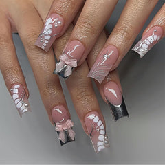 YICKYUE - 24Pcs Y2k French False Nails with Designs Lovely Cute Diamond Artificial Nails 3D Wave Pearl Bow Full Cover Nail Tips with Glue