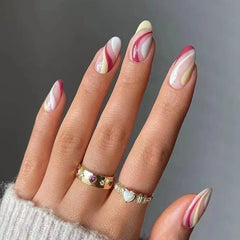 24pcs Almond Round Wavy False Nails Detachable Stiletto Ink Fake Nails Full Cover French Ballerina Nail Tips Press On Nails