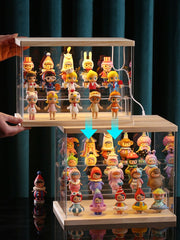 LED Light Wooden Material Blind Box Dolls Display Cabinet Acrylic Desktop Storage Box Toy Dust Organizer for Collectible Figures