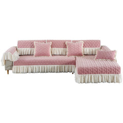 Yickyue Pink Plush Sectional Sofa Covers with Lace Winter Warm Slipcover Anti Slip Couch Cover for L/U Shape Sofa Protector Home Decor
