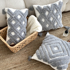 Yickyue Boho Grey Geometric Tufted Cushion Cover Four Corner Fringe Sofa Pillow Covers Decorative Square Decorative Pillows for Sofa