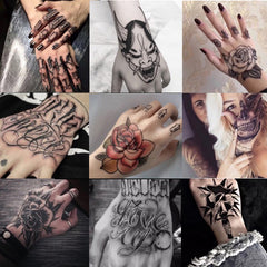 YICKYUE - 10sheets/lot hand rose tattoo halloween stickers face tattoo death skull men unique flower tattoos temporary henna tattoos black