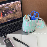 YICKYUE - Korean Imported Fabric Fluorescent Stripes Desktop Storage Pen Holder Pink Contrasting Color