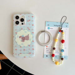 YICKYUE - Ins Blue Check Bowknot Cherry Fundas For Iphone 15Pro 14 15 14Pro 13 12 Pro Max Magnetic Stand Holder Cute Pupppy Phone Case