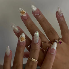 YICKYUE - 24pcs Long Almond Aurora Fake Nails Press On Acyrlic Nails Wearable French False Nails with 3D Red White Crystal Flower Decor