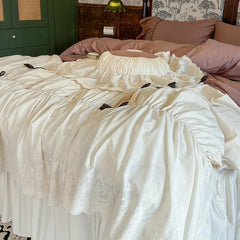 YICKYUE 100% Cotton Vintage French Pleated Lace Ruffles Bow Princess Bedding Set Duvet Cover Set Bed Skirt Bedspread Pillowcases