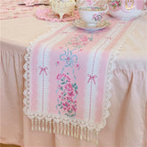 Yickyue Handmade Leather Table Runner Pink Bow Printing Lace Pearl Pendant Tablerunner Home Retro Cabinet Tablecloth Decorative Mat