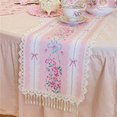 Yickyue Handmade Leather Table Runner Pink Bow Printing Lace Pearl Pendant Tablerunner Home Retro Cabinet Tablecloth Decorative Mat