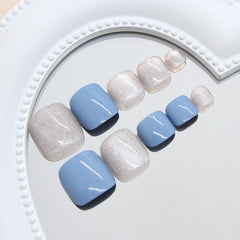 YICKYUE - 24pcs Summer Blue False Toenails Shiny Powder Cat Eye Fake Toenails Tips Wearable Detachable Spice Girl Press on Toe nails