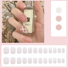 24PCS Press on nails White Black Plaid Nail Patch Cute Style Glue Type Removable Short Paragraph Manicure False Nail Patch TY