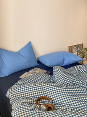 Retro Blue Cotton Quilt Cover Set Waed Plaid Bedding Four-Piece Set Pure Cotton eet Duvet Cover Bedding Accories