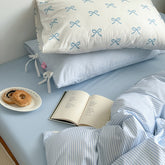 YICKYUE - Korean Style Bow Cotton Four-piece Set Striped Simple Cotton Quilt Cover Bed Sheet Dormitory Bed Four-piece Set