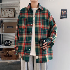 YICKYUE - Autumn Long Sleeved Shirt Men Fashion Oversized Plaid Shirt Men Streetwear Korean Loose Casual Shirts Mens Large Size M-5XL