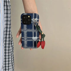 YICKYUE - Retro Blue Denim Fabric Plaid Love Cherry Pendant Shockproof Protective Phone Cover Case For iPhone 15 14 13 12 11 Pro Max