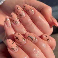 24PCS Stars and Moon Pattern Fake Nails Round Head Short Style Press on Nail Tips Wearable Full Cover Artificial Acrylic Nails