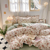 Yickyue 100% Cotton Vintage French Country Small Floral Bedding Set Ruffled Edges Flower Pattern Duvet Cover Set Bed Sheet Pillowcases