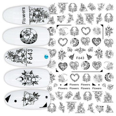Heart Leaf Design 3D Nail Sticker Black White Transfer Stickers for Nails Sexy Girl Face Self-adhensive Slider Tip Abstract Wrap