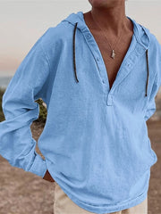 Hearujoy Vintage Cotton Linen Hooded Shirt For Men Long Sleeve V Neck Hoodies Tops Fall Casual Loose Shirts Seaside Beach Blouse Clothing