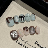 YICKYUE - 10Pcs Handmade Cute Press on Nails Short Chocolate Sweetheart Fake Nails With Bow Design Artifical False Wearable Nail Tips