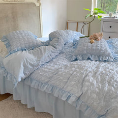 Yickyue Korean-style Seersucker Folds Washed Cotton Bedding Set Flat sheet/Bed Skirt Duvet Cover Set(1.5/1.8/2.0m Size,4pcs,7 Colors)