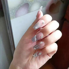 YICKYUE - 10 pcs Luxury Handmade Press on Nails Middle Trapezoid Dark Blue Gradient Ocean With Rhinestones Design Art Nail Tips