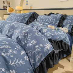 YICKYUE - Elegant Bedding Set Hepburn Style Lace Floral Duvet Cover Bed Sheet Quilt Set Three Piece Set French Dormitory Wash Ins