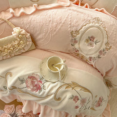 YICKYUE - Romantic French Vintage Carved Velvet Lace Ruffles Flowers Embroidery Bedding Set Velvet Fleece Duvet Cover Bed Sheet Pillowcase