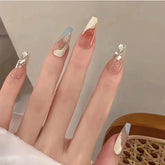 YICKYUE - Blue and White Handdrawn Lines Press on Nails Wearable Nail Silver Edge with Diamonds Ninimalist Fake Nail Free Toolkit