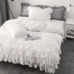 White Pink Gray Soft Korean Princess Style Bedding Set Layered Ruffles Design Duvet Cover Bed Skirt Bed Sheet Pillowcases 4Pcs