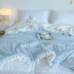 Yickyue Pom Pom Blanket Solid Soft Fleece Pompom Fringe Blanket for Bed Sofa Decorative Cozy Plush Warm Velvet Tassel Throw Blanket