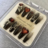 YICKYUE - Black Gradient Metal Rose Wearable Fake nails Handmade Love Heart Irhinestone Art False Nail Patches Medium Long T Removable