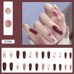 24pcs Long Coffin Ballet Fake Nails Red Rose Pattern Artificial Nail Black Style Gradient Color False Nail Patches For Girl