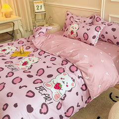Cute Bear Bedding Set Girls Boys Kids Single Double Size Flat Sheet Duvet Cover Pillowcase Bed Linens White Blue Home Textile
