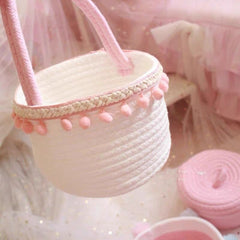 Round White Pink Small Hand Woven Basket Bedside Tabletop Snacks Storage Basket Cosmetics Coffee Table Storage Baskets