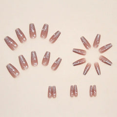 Yickyue 24pcs Mid Length False Nail Ins Star Heart Design Pink Fake Nails Patch Korean Sweet Girl Coffin Artificial Acrylic Nail Tips