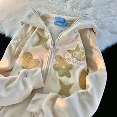 Hearujoy 90s Streetwear 2024 New Kawaii Zip Up Hoodie Women Y2K Oversized Harajuku Star Patchwork Sweatshirt Man Anime Hoodie Jacket Coat Streetwear