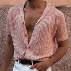 Hearujoy 2025 summer Men's Knitted Shirt Cool Silk Fabric Short Sleeve Buttons Thin Loose Shirts For Men Vintage Mens Clothing Tops