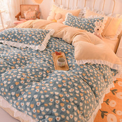 Autumn and Winter Milk Fiber Four-Piece Ins Coral Fleece-Lined Thickened Princess Style Double-Sided Bed Sheet Girl Quilt Cover