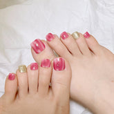 24Pcs Lady Artificial False Toenails Gradient Red Gold Foil Fake Toe Nails With Design DIY Foot Nail Art Tips Manicure Tools