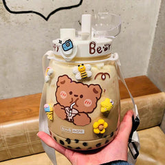 Kawaii Jumbo Bear Water Bottle For Children Girl School Cute Plastic Travel Milk Tea Juice Portable Gourd With Straw 3D Sticker