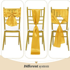 YICKYUE - 10/50Pcs Gold Satin Chair Sashes Ties Bows 7x78 inch for Wedding Party Baby Shower Christmas Banquet Restaurant Hotel Decoration