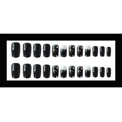 24pcs Long Square Black Fake Nails Star Moon Design Press On False Nails Graffiti Style Korean Manicure Removable Glue Nail Art